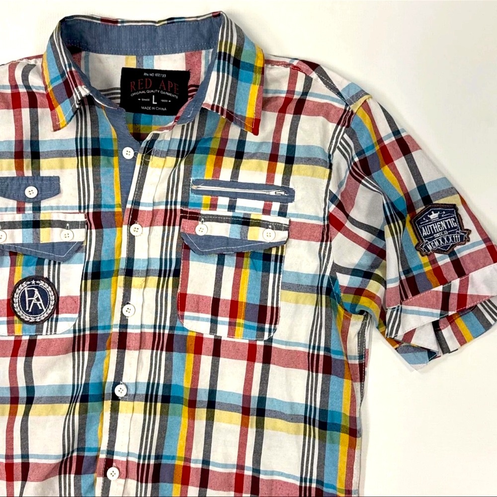 Red Ape Plaid Embroidered Logo Short Sleeve Button Up Shirt Men's Large